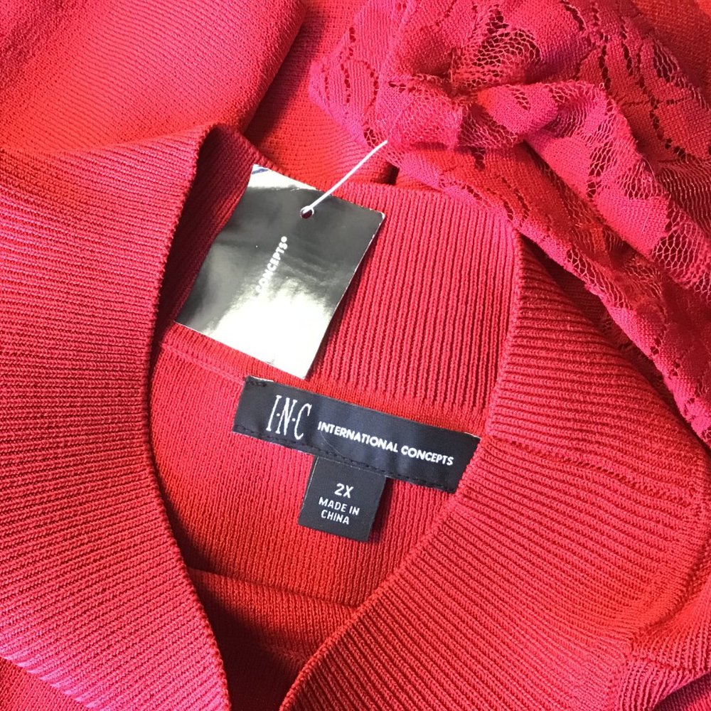 INC Real Red Peplum Tunic Top Lacey Long Sleeve Mock Neck Popover Tunic NWT 2X - Picture 6 of 7